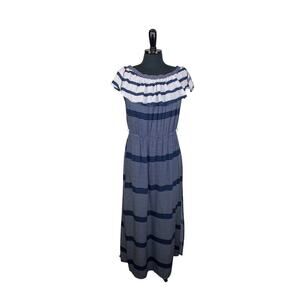 Ocean Drive Striped Maxi Dress Ruffle Neckline Nautical Beach Vacation